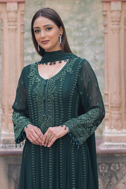 Emerald Green Georgette Beads Work Anarkali Suit Set