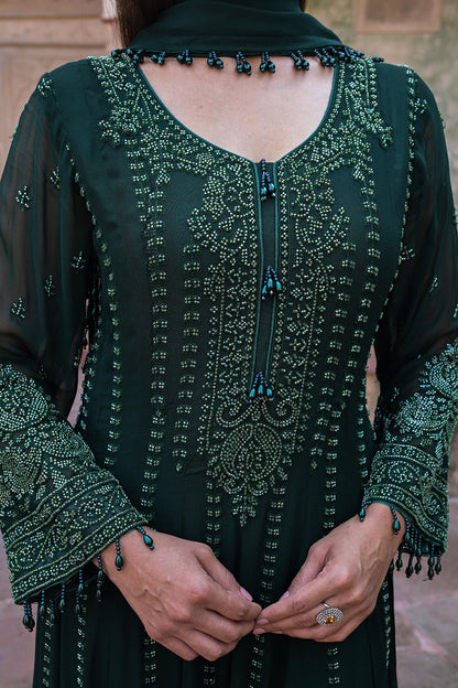 Emerald Green Georgette Beads Work Anarkali Suit Set