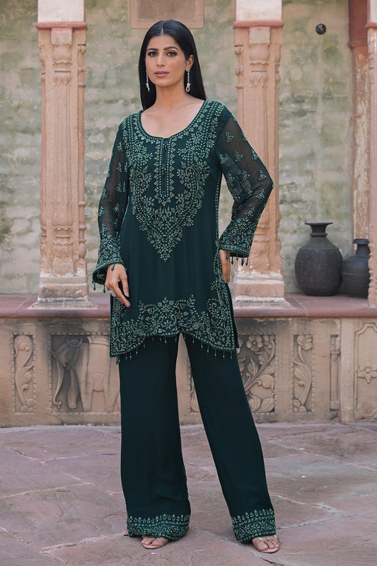 Emerald Green Georgette Beads Work Kurta Pant Set