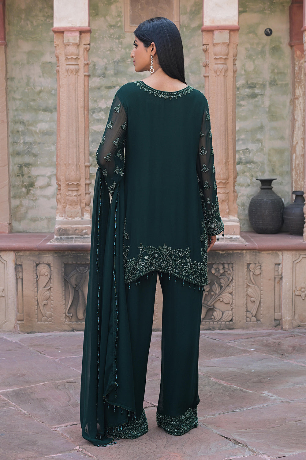 Emerald Green Georgette Beads Work Kurta Pant Set