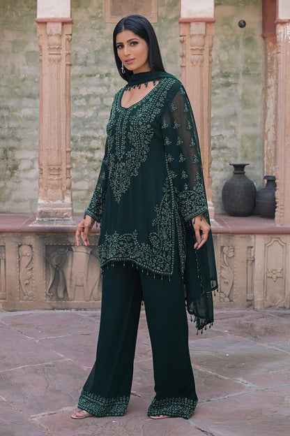 Emerald Green Georgette Beads Work Kurta Pant Set