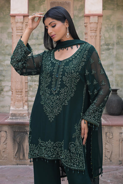 Emerald Green Georgette Beads Work Kurta Pant Set