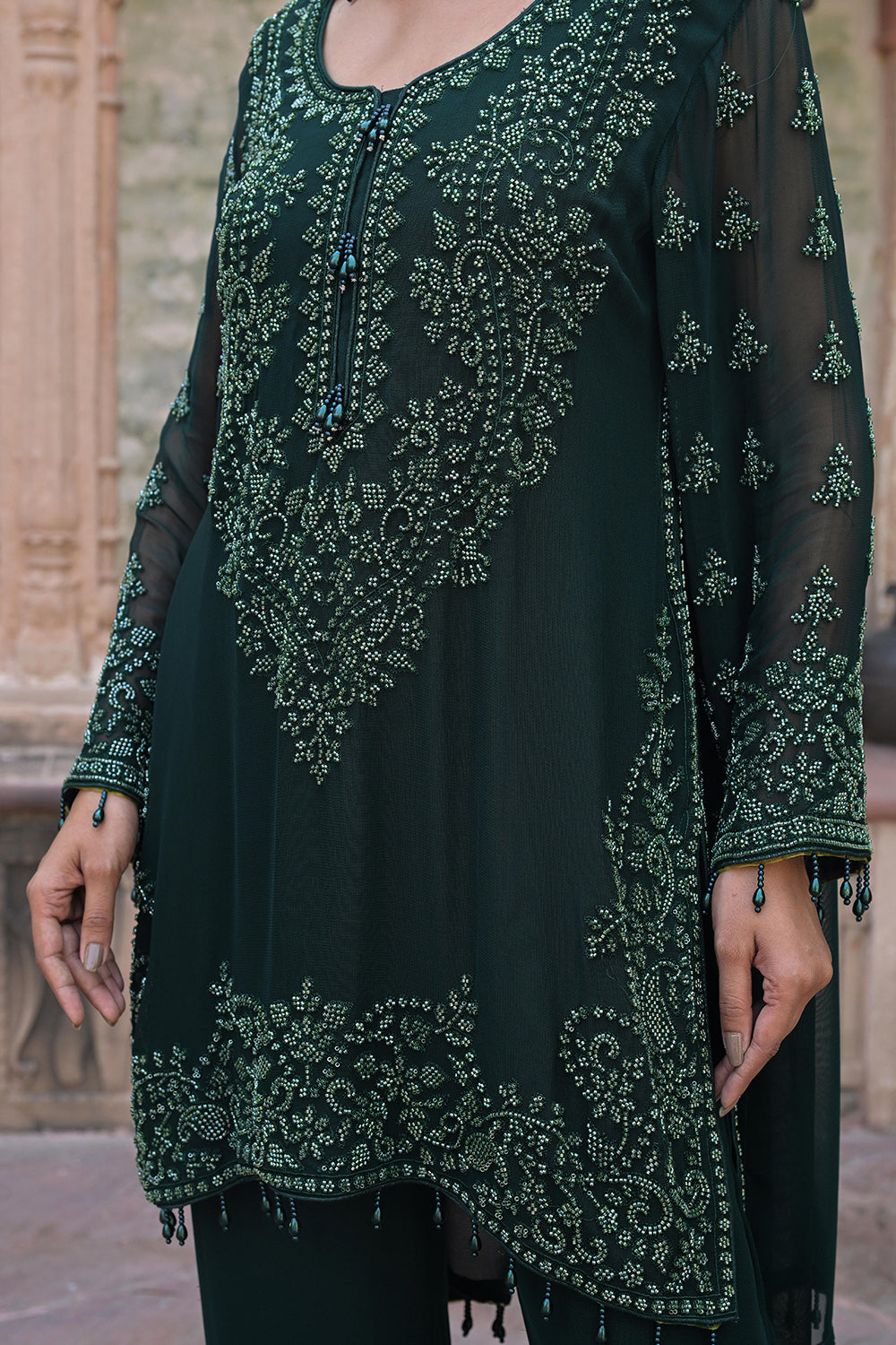 Emerald Green Georgette Beads Work Kurta Pant Set