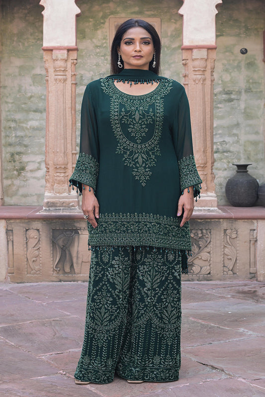 Emerald Green Georgette Kurta Sharara Set with Beads Work