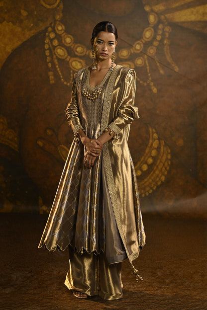 Golden Banarsi Silk Tissue Brocade Flared Kurta Set With Ornate Borders And Royal Grace