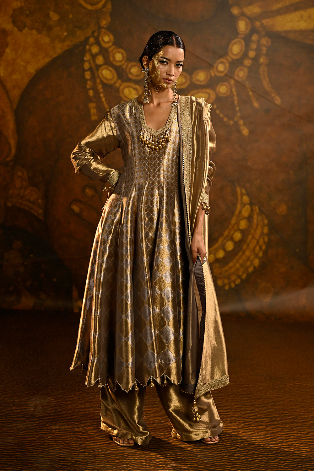 Golden Banarsi Silk Tissue Brocade Flared Kurta Set With Ornate Borders And Royal Grace