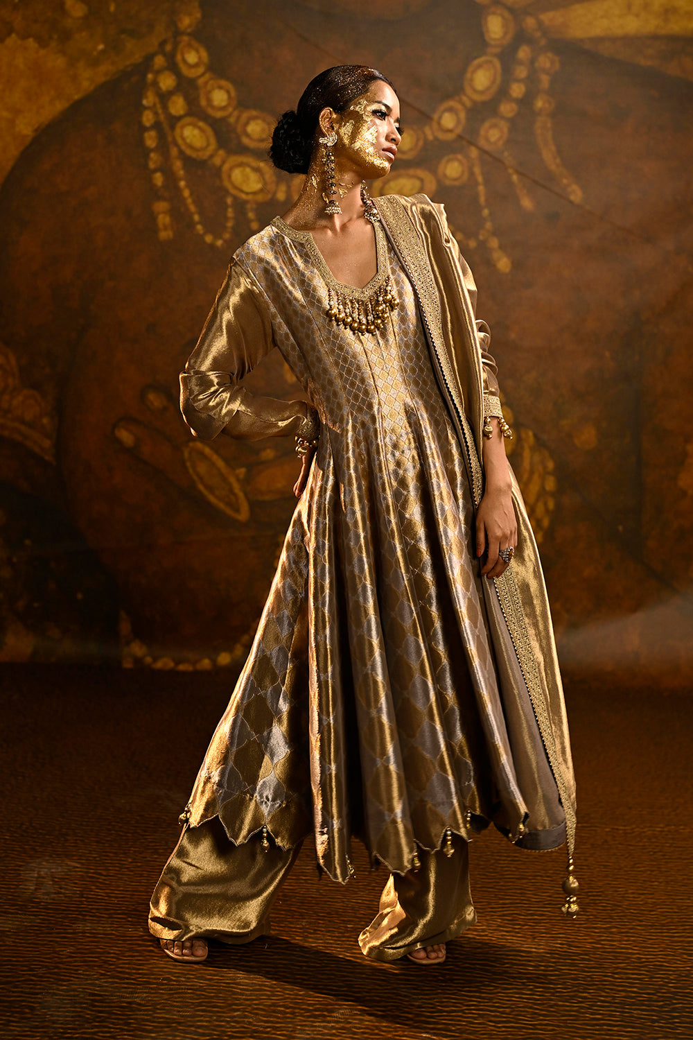 Golden Banarsi Silk Tissue Brocade Flared Kurta Set With Ornate Borders And Royal Grace