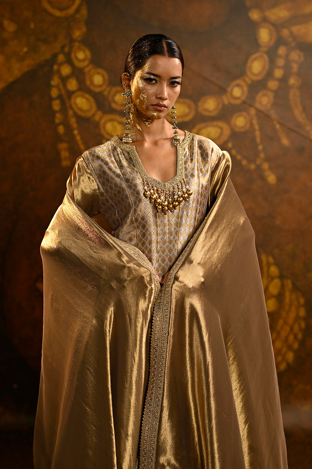 Golden Banarsi Silk Tissue Brocade Flared Kurta Set With Ornate Borders And Royal Grace