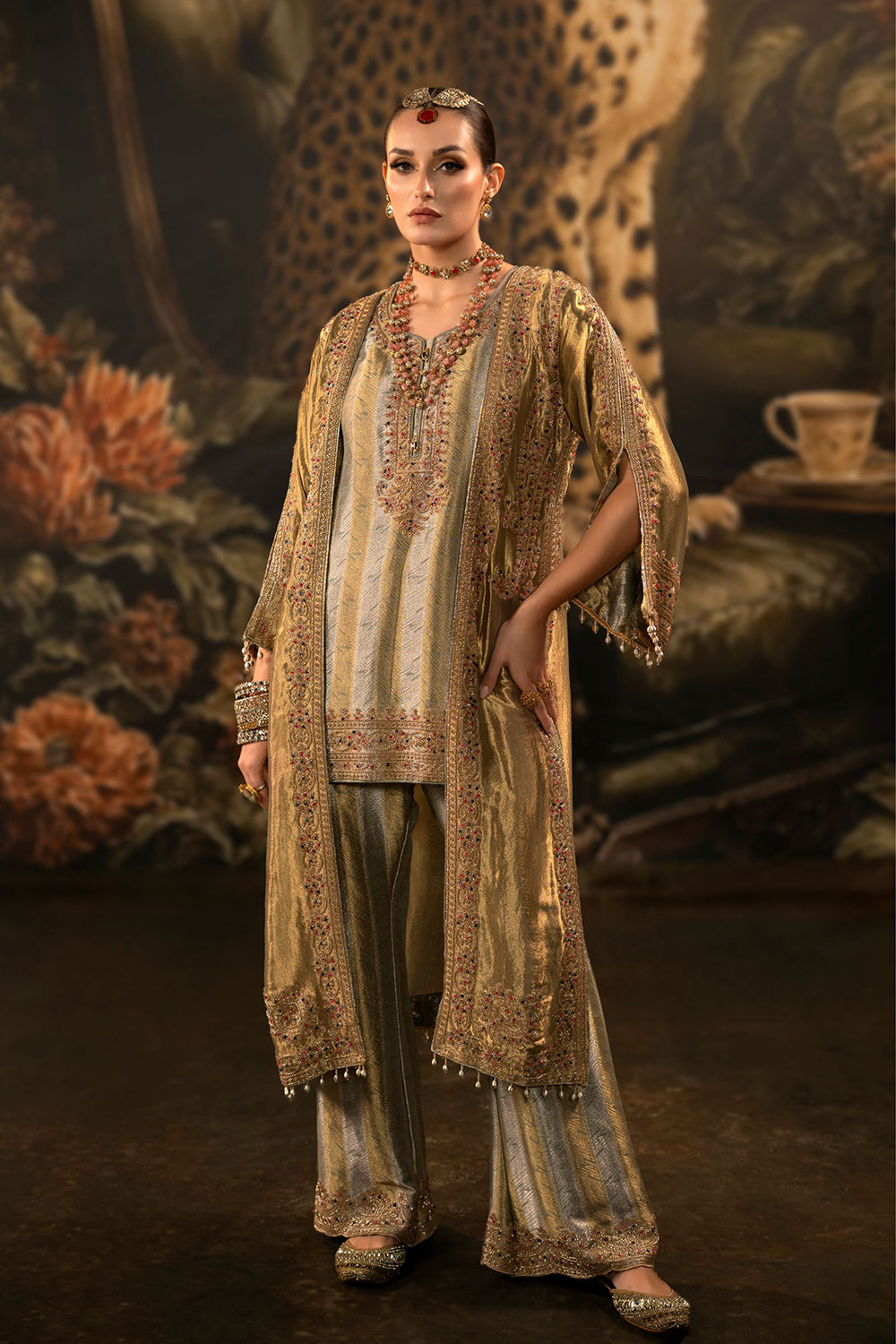 Golden Banarsi Silk Tissue Brocade Kurta Set With Layered Dupatta And Flared Trousers