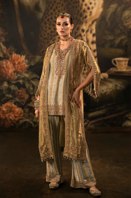 Golden Banarsi Silk Tissue Brocade Kurta Set With Layered Dupatta And Flared Trousers