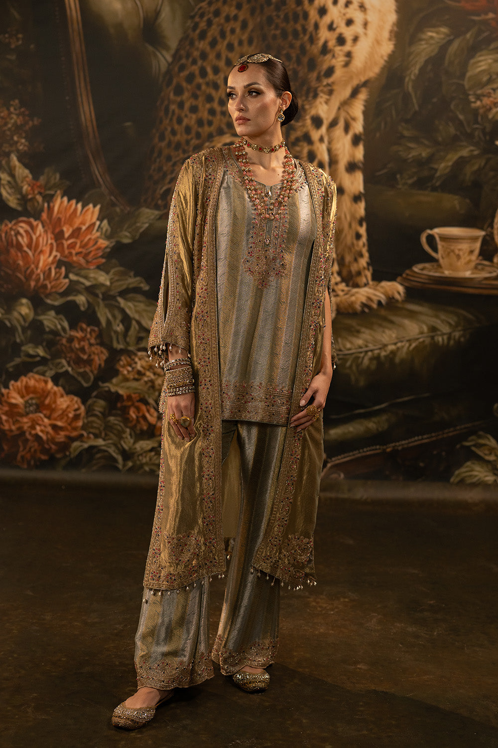 Golden Banarsi Silk Tissue Brocade Kurta Set With Layered Dupatta And Flared Trousers