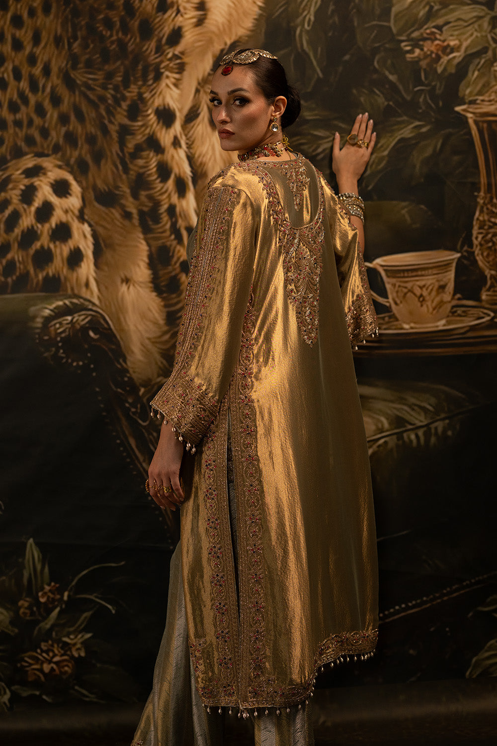 Golden Banarsi Silk Tissue Brocade Kurta Set With Layered Dupatta And Flared Trousers