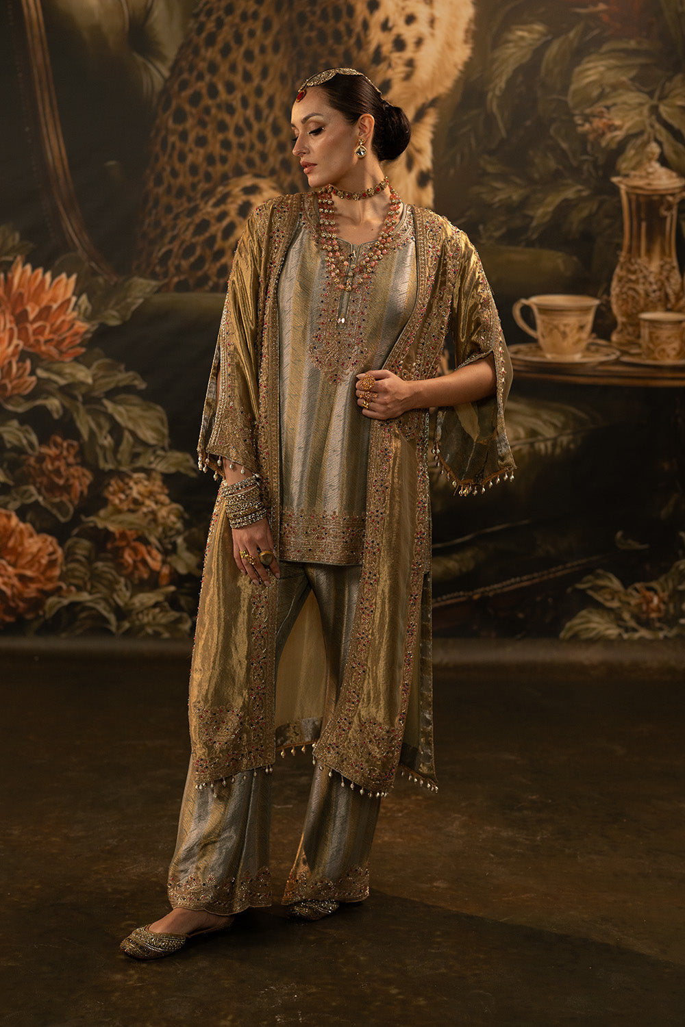 Golden Banarsi Silk Tissue Brocade Kurta Set With Layered Dupatta And Flared Trousers