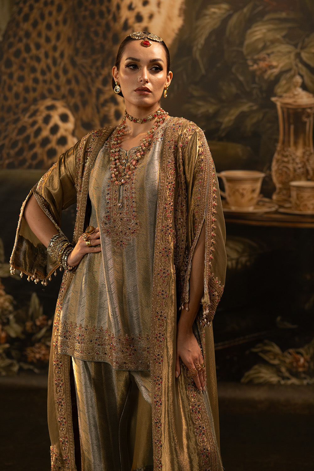 Golden Banarsi Silk Tissue Brocade Kurta Set With Layered Dupatta And Flared Trousers