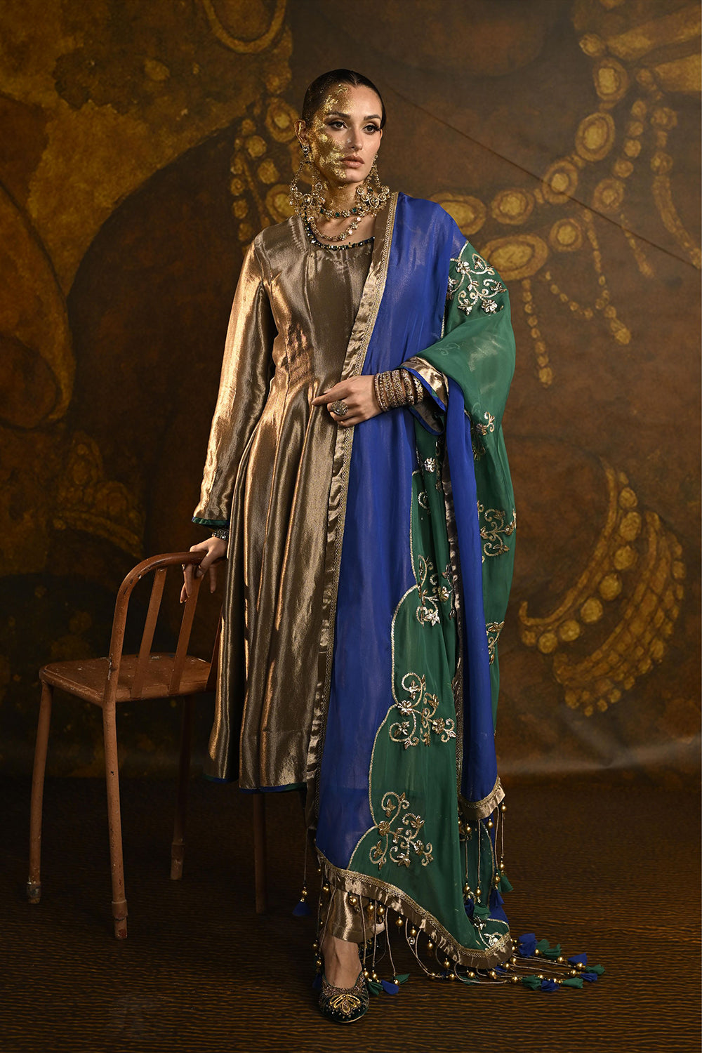 Golden Banarsi Silk Tissue Kurta Set With Royal Blue Green Embroidered Dupatta And Elegance