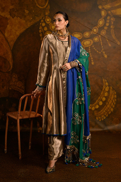 Golden Banarsi Silk Tissue Kurta Set With Royal Blue Green Embroidered Dupatta And Elegance