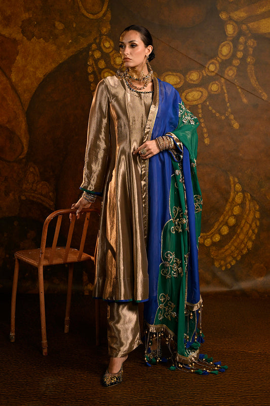 Golden Banarsi Silk Tissue Kurta Set With Royal Blue Green Embroidered Dupatta And Elegance
