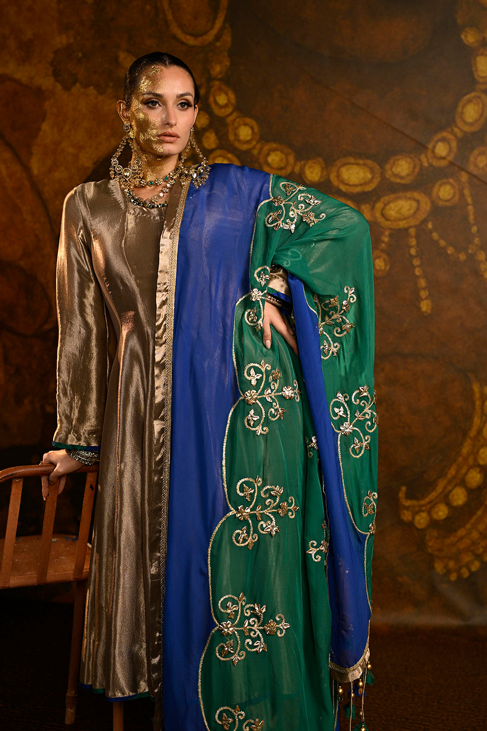 Golden Banarsi Silk Tissue Kurta Set With Royal Blue Green Embroidered Dupatta And Elegance