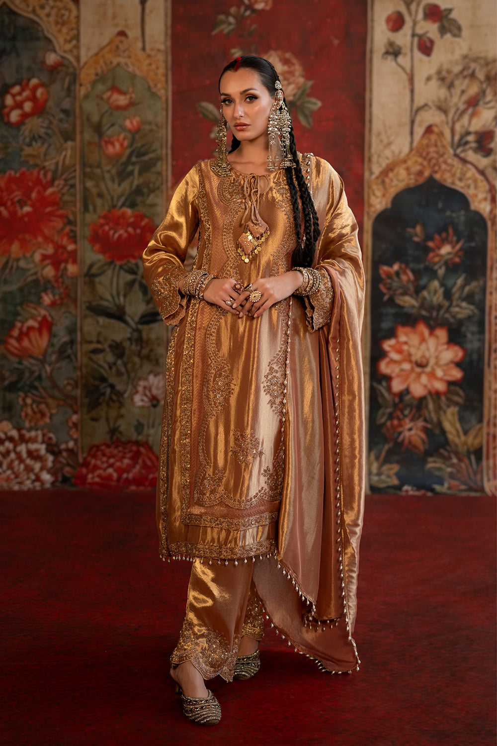 Golden Bronze Banarsi Silk Tissue Kurta Set With Ornate Detailing And Royal Dupatta