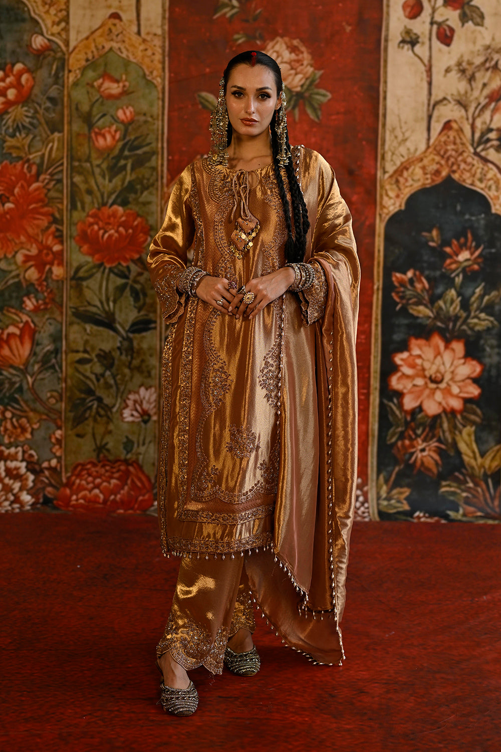 Golden Bronze Banarsi Silk Tissue Kurta Set With Ornate Detailing And Royal Dupatta
