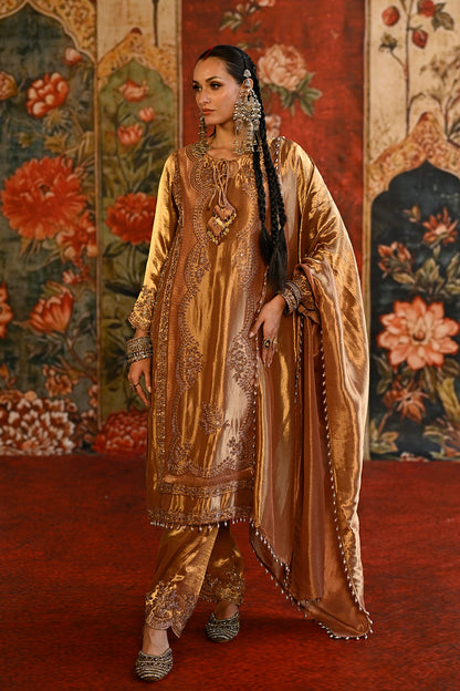 Golden Bronze Banarsi Silk Tissue Kurta Set With Ornate Detailing And Royal Dupatta