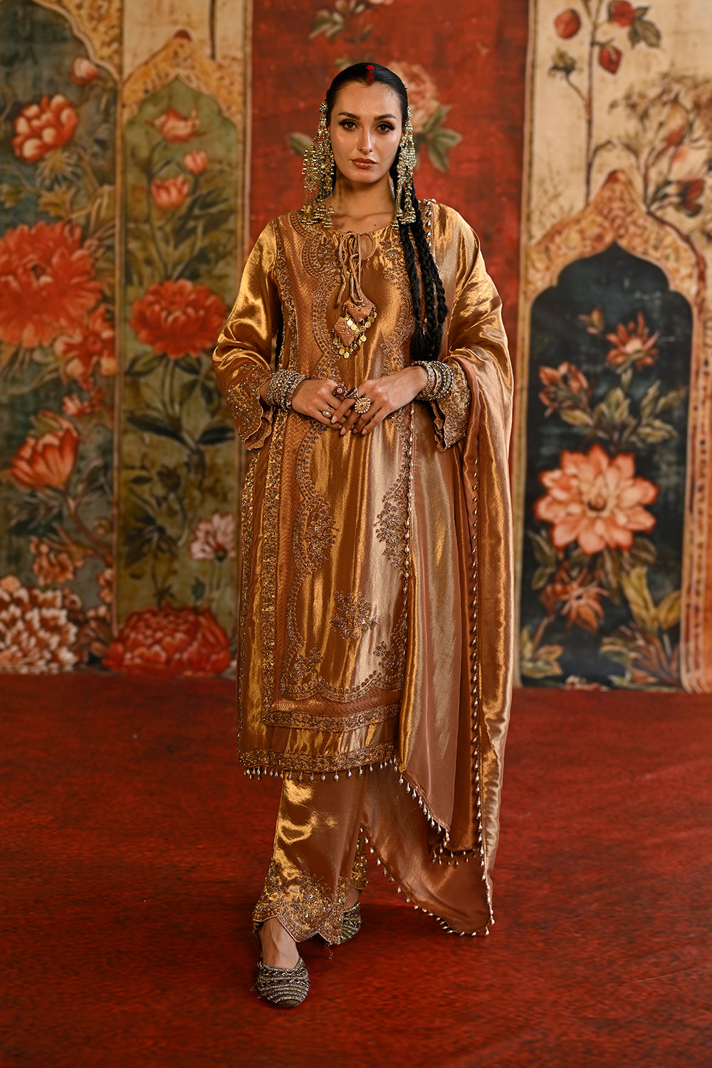 Golden Bronze Banarsi Silk Tissue Kurta Set With Ornate Detailing And Royal Dupatta