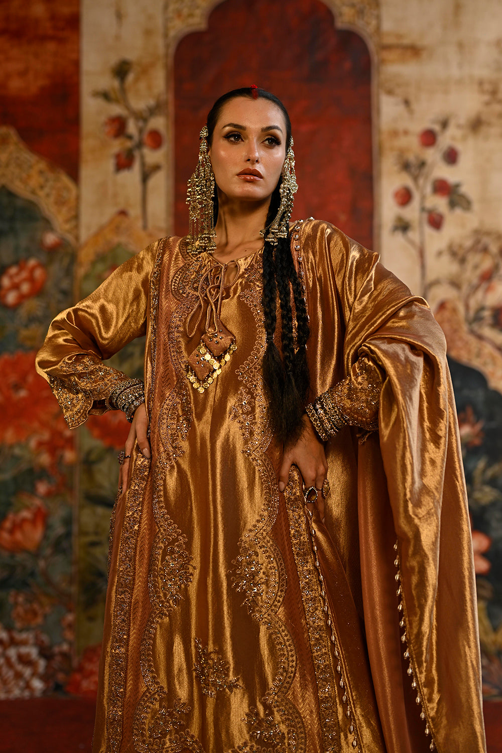 Golden Bronze Banarsi Silk Tissue Kurta Set With Ornate Detailing And Royal Dupatta