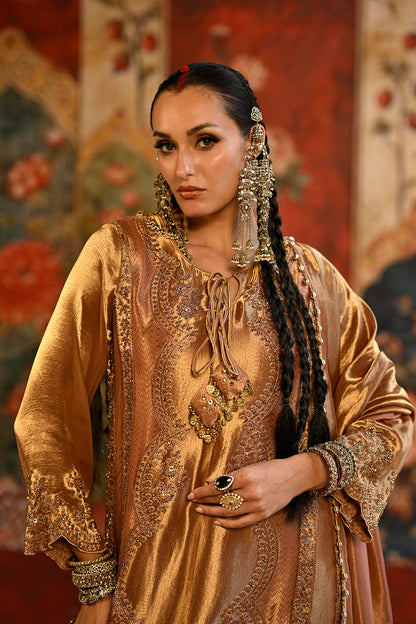 Golden Bronze Banarsi Silk Tissue Kurta Set With Ornate Detailing And Royal Dupatta