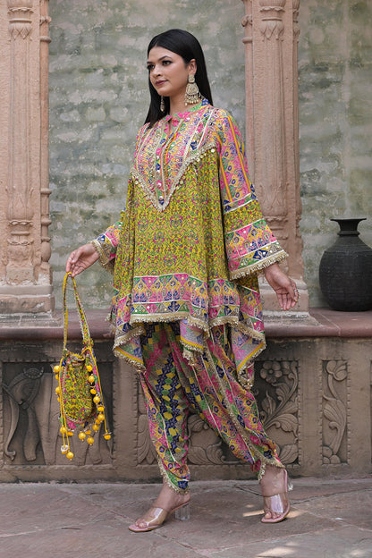 Green Viscose Crepe Suit Set with Tulip Pants – Festive Flair