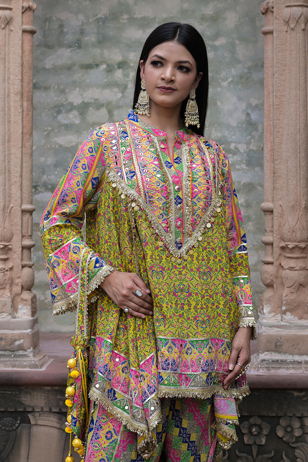 Green Viscose Crepe Suit Set with Tulip Pants – Festive Flair