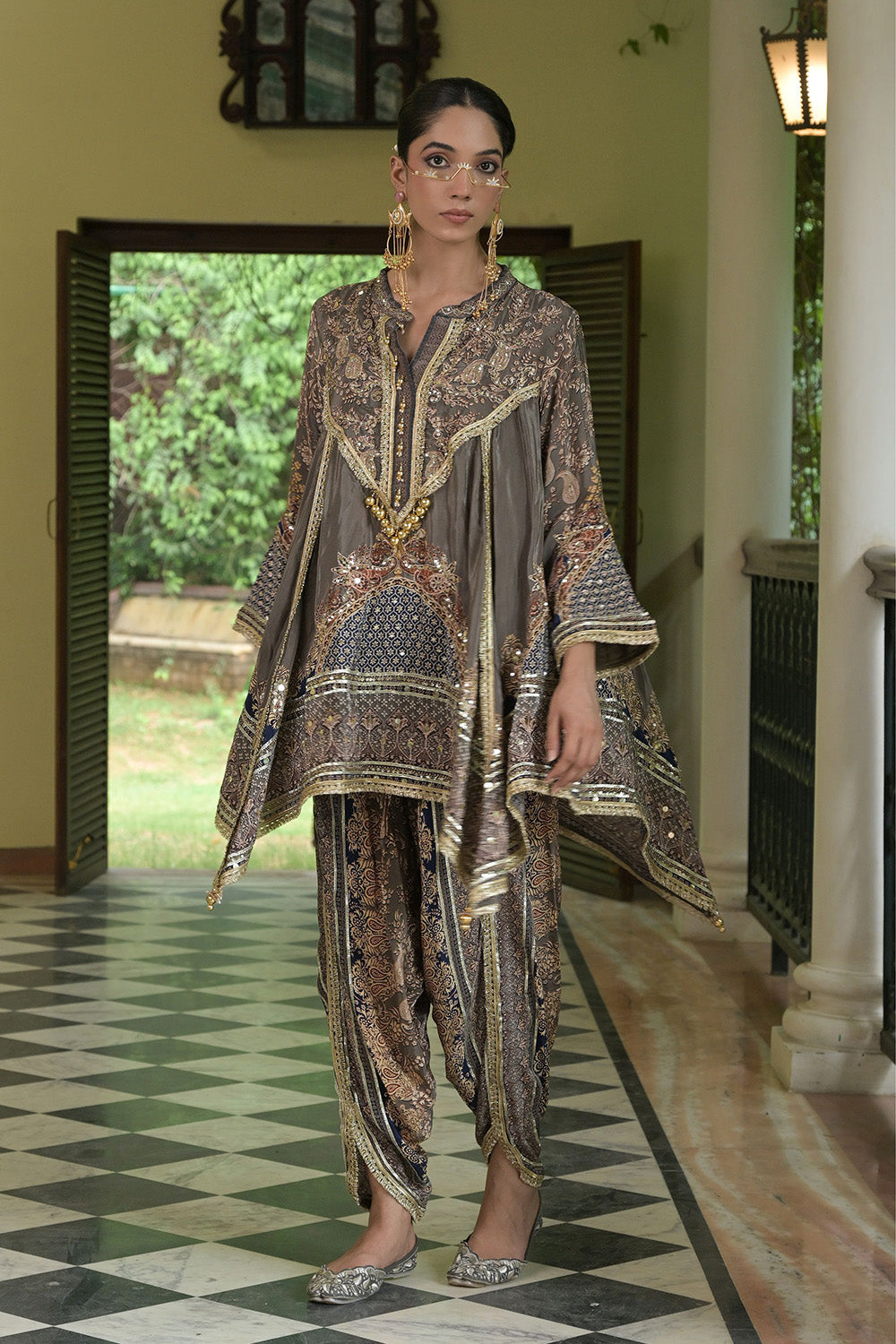 Grey Brown Crepe Draped Kurta With Printed Patiala Pants Detailing