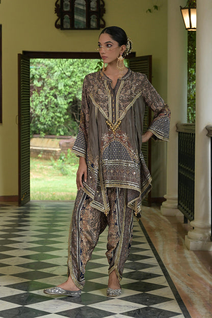 Grey Brown Crepe Draped Kurta With Printed Patiala Pants Detailing
