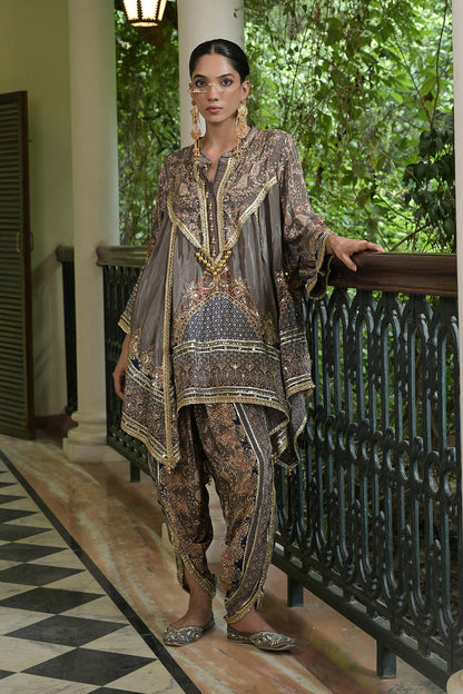 Grey Brown Crepe Draped Kurta With Printed Patiala Pants Detailing