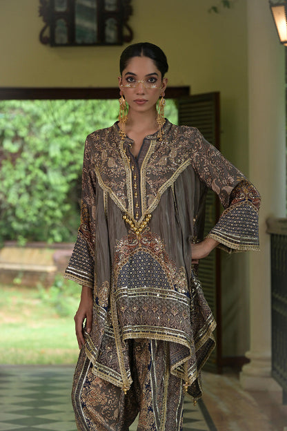 Grey Brown Crepe Draped Kurta With Printed Patiala Pants Detailing