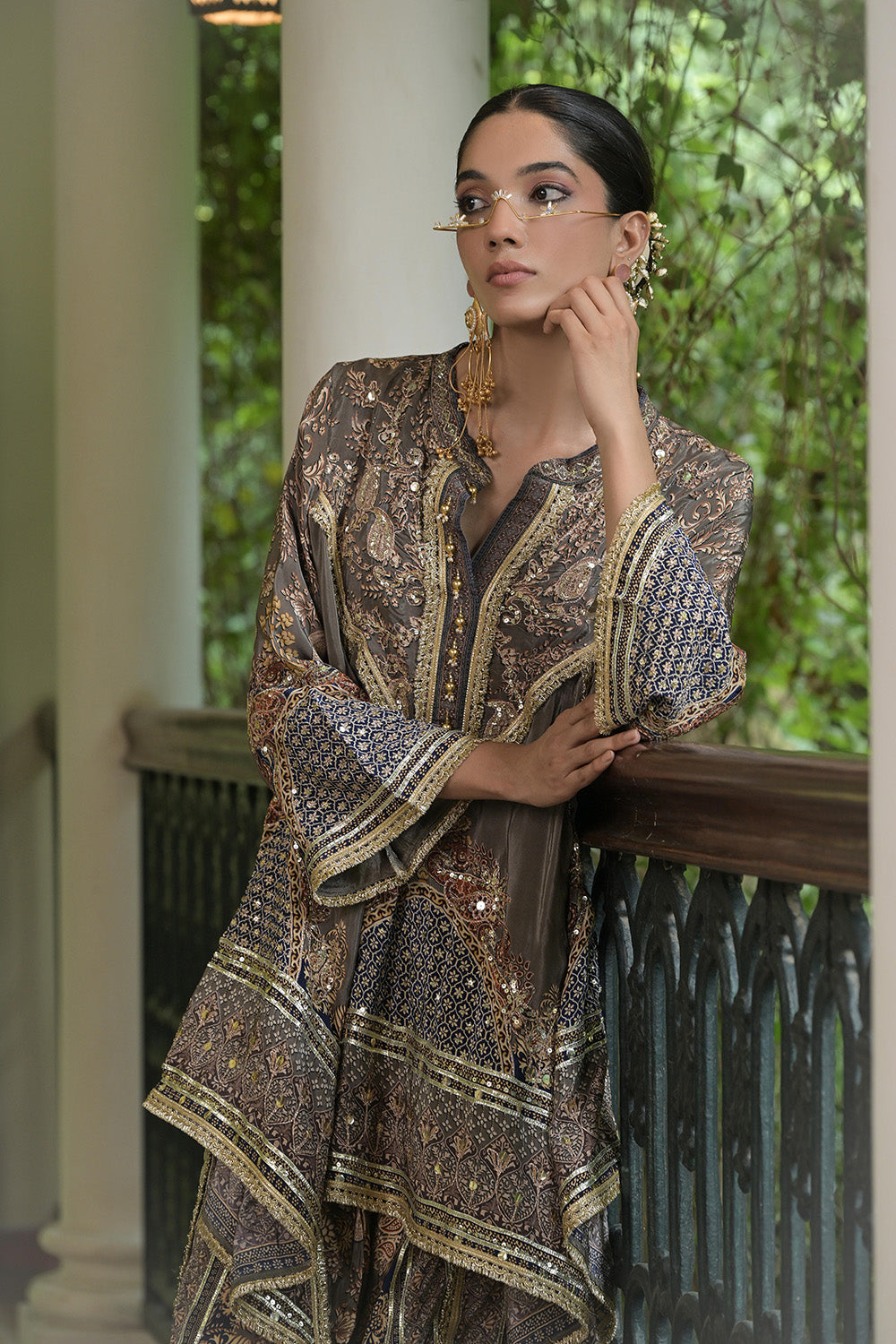 Grey Brown Crepe Draped Kurta With Printed Patiala Pants Detailing