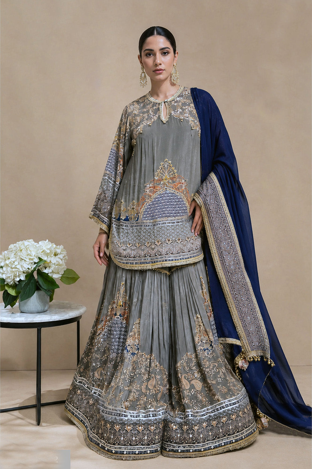 Grey Crepe Sharara Suit With Navy Blue Embroidered Dupatta Design