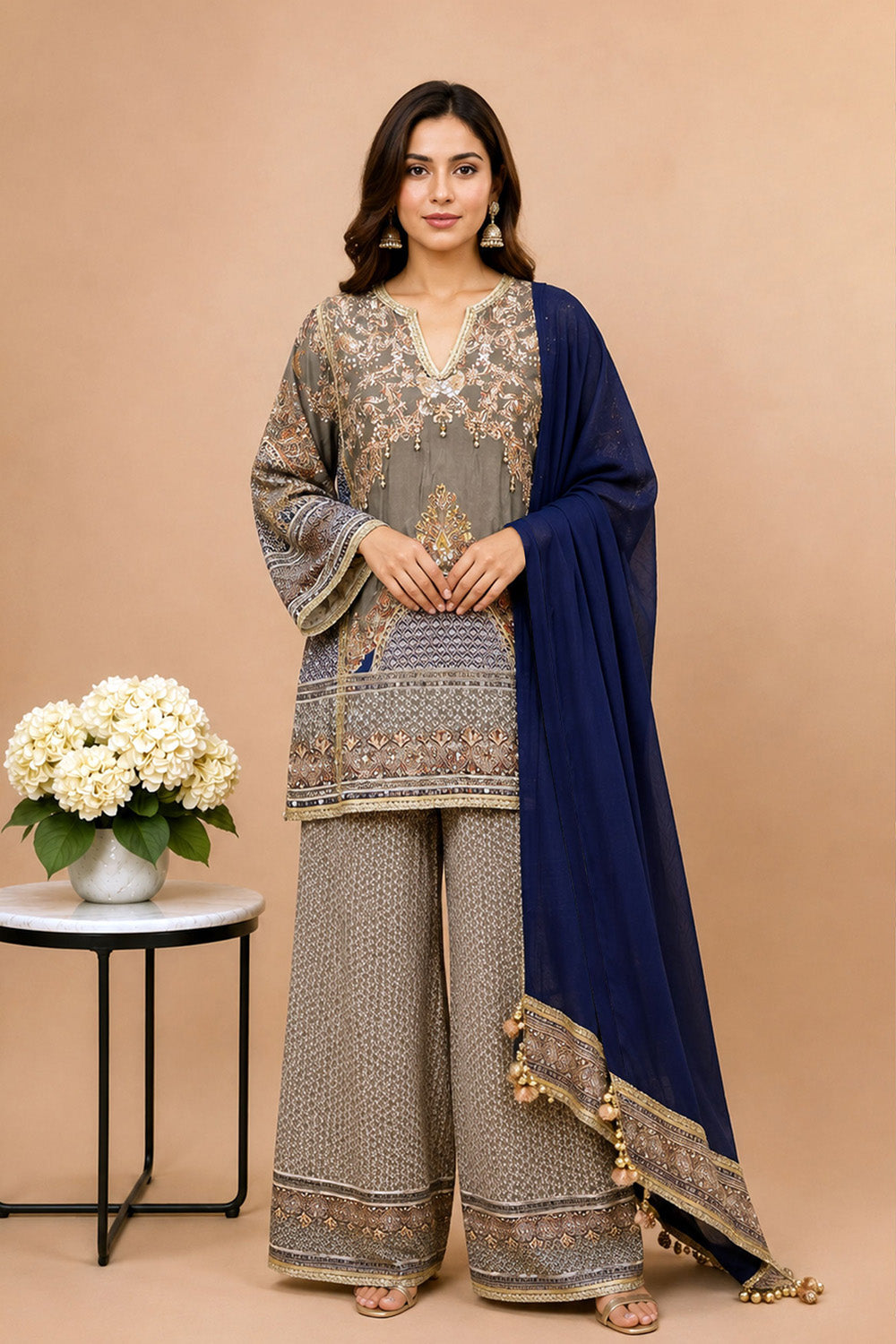 Grey Crepe Short Kurta With Printed Farshi Pants Navy Dupatta
