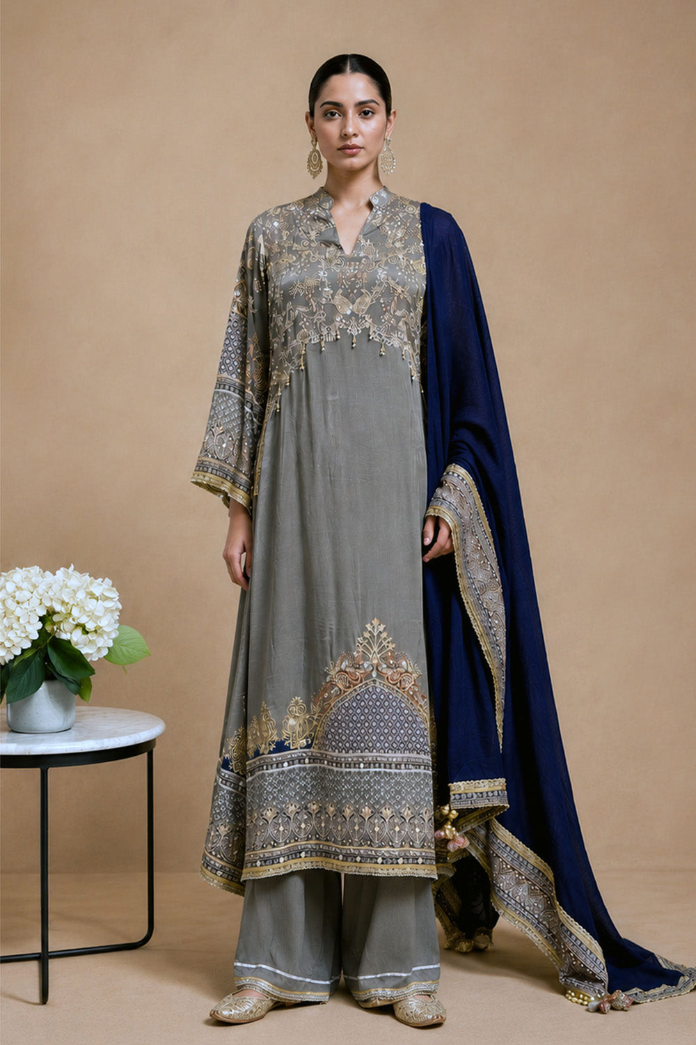 Grey Crepe Straight Kurta Palazzo Suit With Navy Blue Dupatta