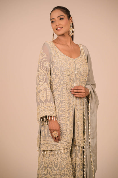Grey Georgette Sharara Set with Intricate Moti Embroidery