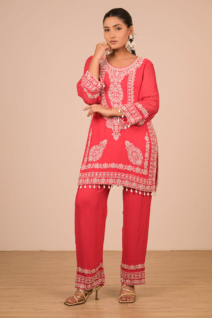 Hot Pink Georgette Suit Set with Intricate Moti Embroidery