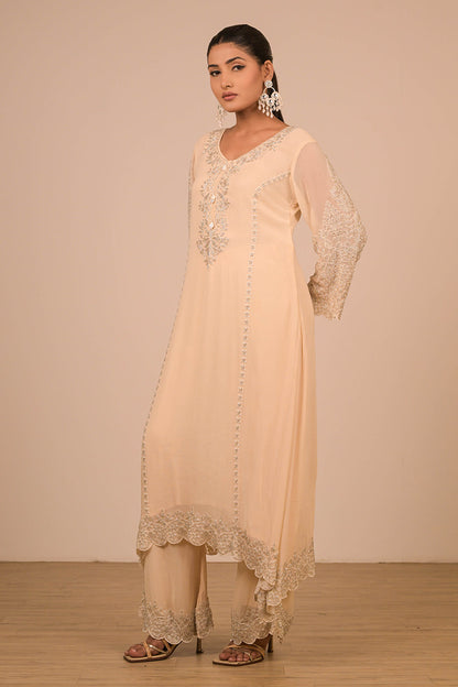 Ivory  Pearl Embroidered Georgette Suit Set with Scalloped Detailing & Tassel Dupatta