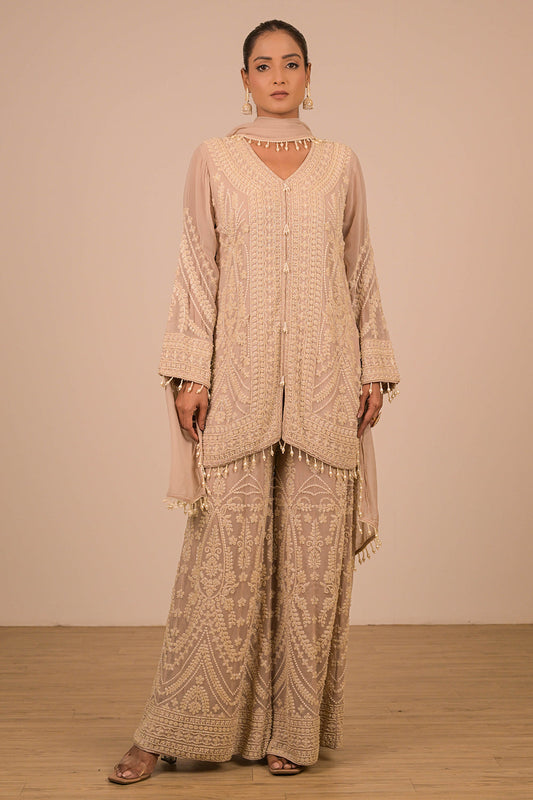 Lavender  Georgette Sharara Set with Intricate Moti Embroidery