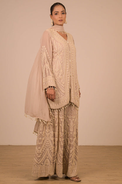 Lavender  Georgette Sharara Set with Intricate Moti Embroidery