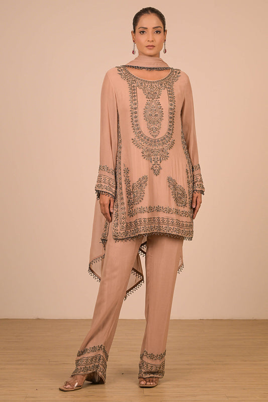 Mouse Pearl Embroidered Georgette Kurta Set