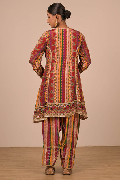 Multicolor Crepe Suit Set with Farsi Salwar with Canvas Tote Bag