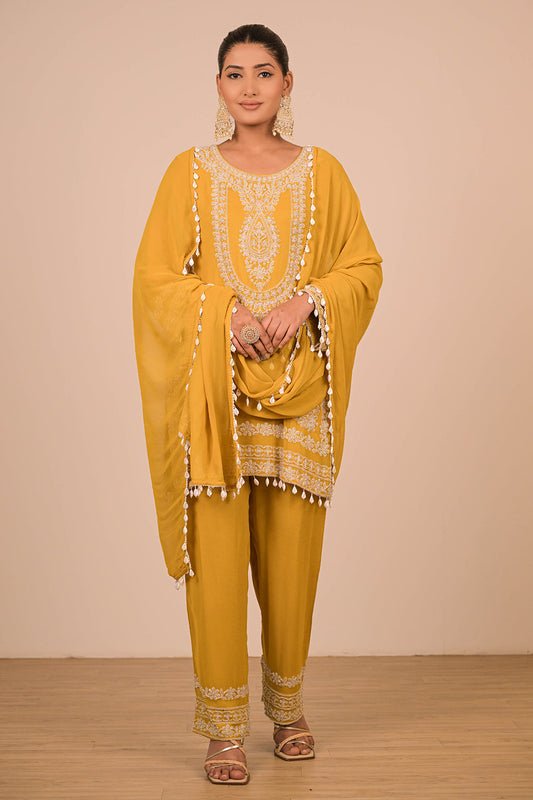 Mustard Yellow Georgette Suit Set with Intricate Moti Embroidery
