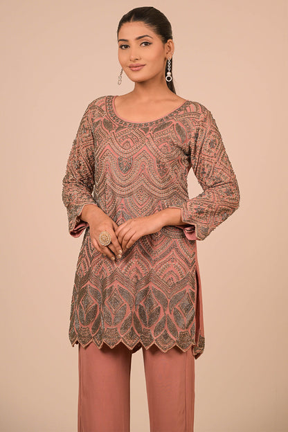 Onion Pink Georgette Short Suit with Intricate Moti Embroidery