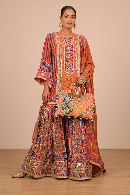 Orange Sharara Suit In Crepe Fabric with Canvas Tote Bag