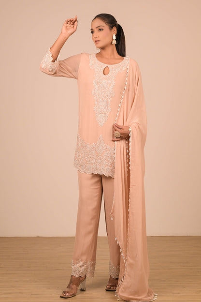 Peach Crepe Short Suit Set with Pearl Moti Embroidery