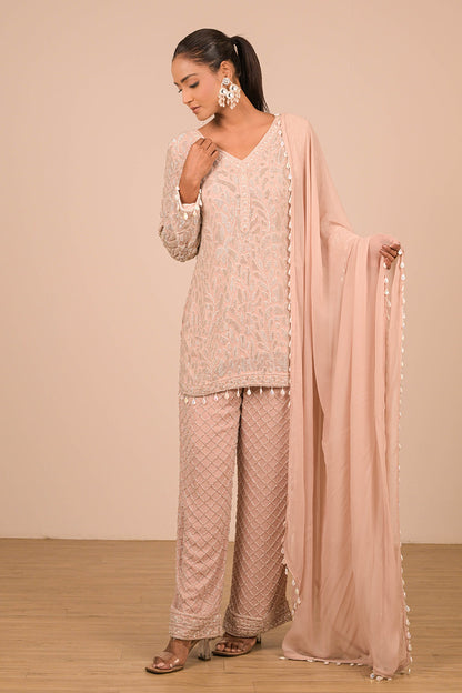 Peach Crepe Short Suit Set with Pearl Moti Embroidery